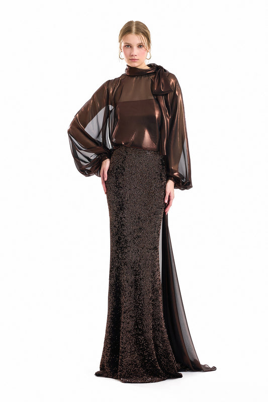 Bow Scarf Blouse and Sequined Skirt Set - Brown
