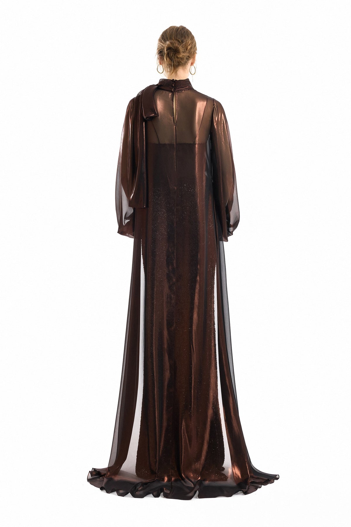 Bow Scarf Blouse and Sequined Skirt Set - Brown
