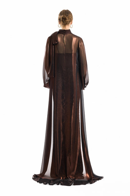 Bow Scarf Blouse and Sequined Skirt Set - Brown