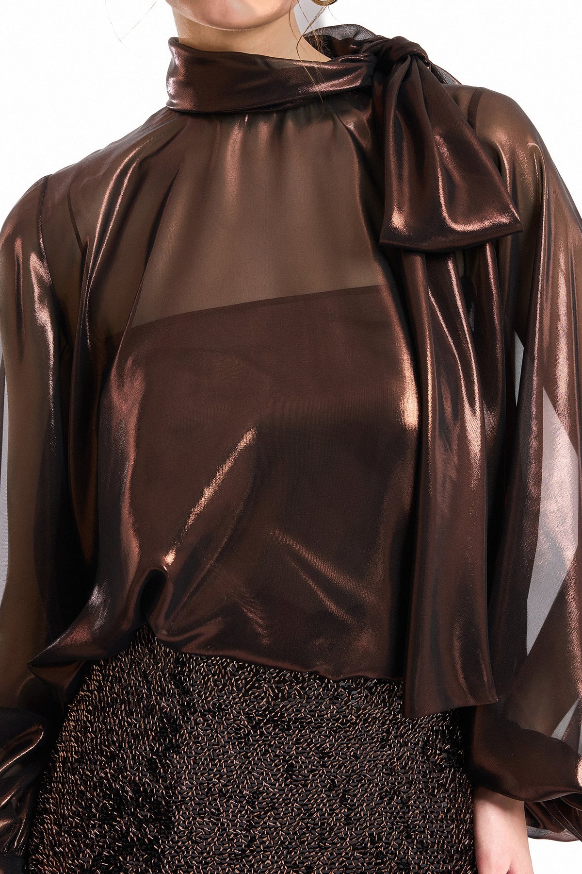 Bow Scarf Blouse and Sequined Skirt Set - Brown