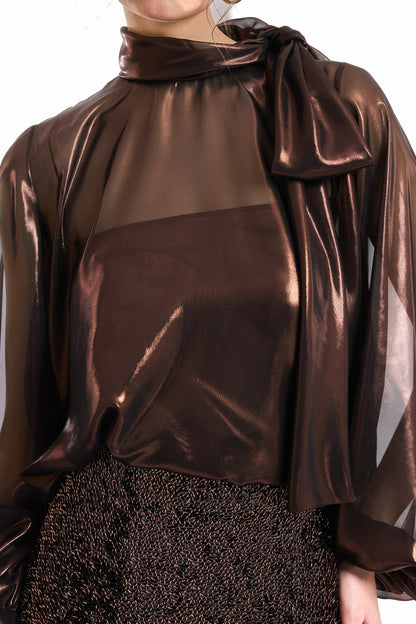 Bow Scarf Blouse and Sequined Skirt Set - Brown
