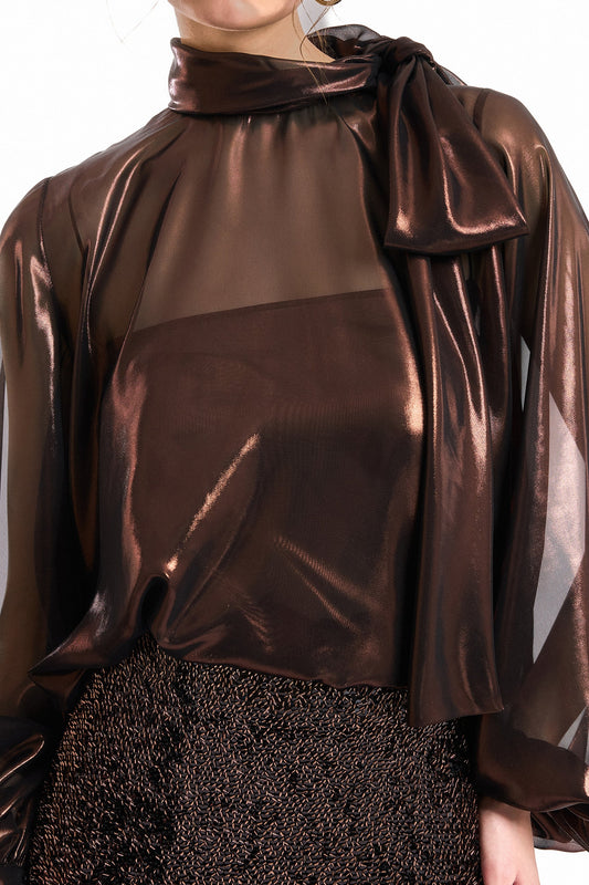 Bow Scarf Blouse and Sequined Skirt Set - Brown