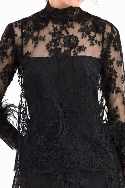 Lace Feather-Trim Top and Cage Skirt Set - Black
