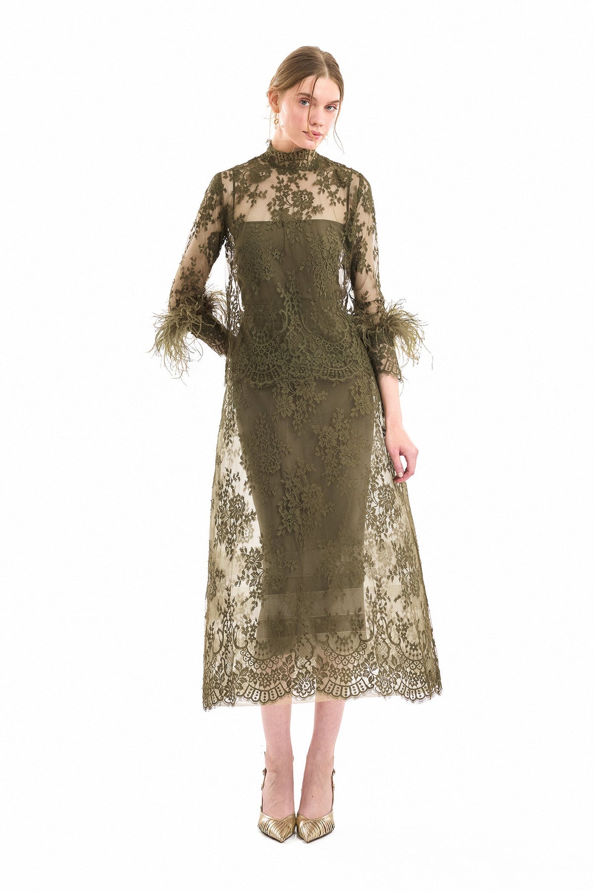 Lace Feather-Trim Top and Cage Skirt Set - Green