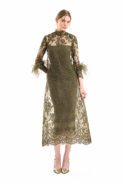 Lace Feather-Trim Top and Cage Skirt Set - Green