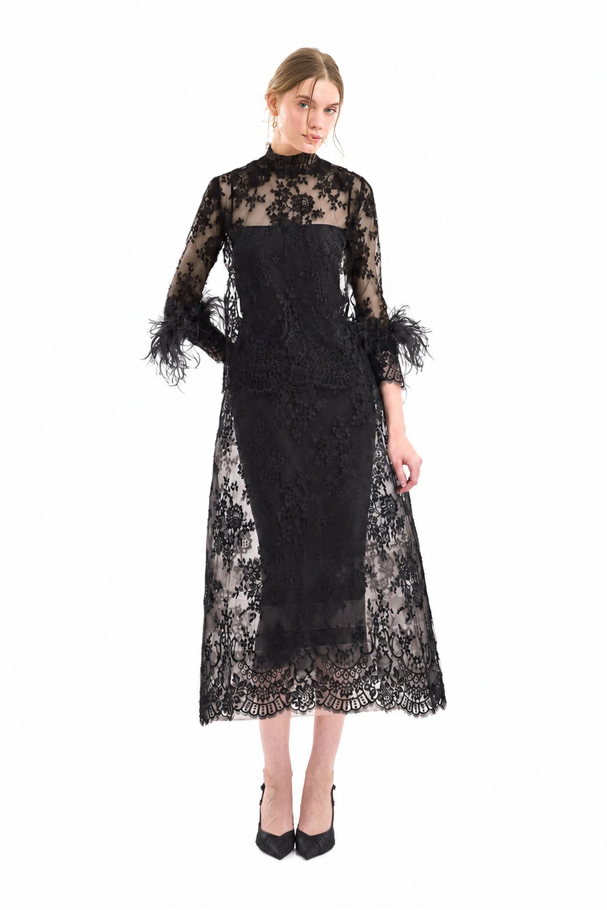 Lace Feather-Trim Top and Cage Skirt Set - Black