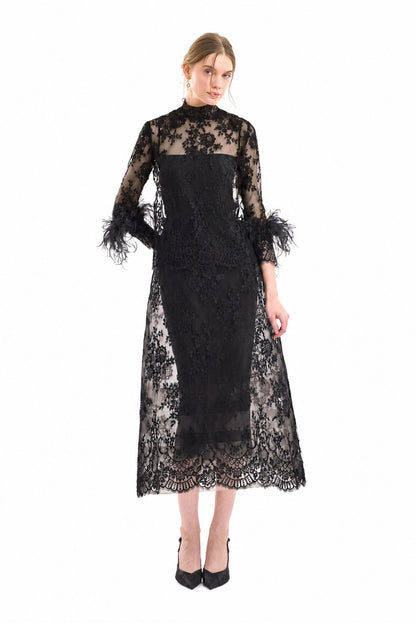 Lace Feather-Trim Top and Cage Skirt Set - Black