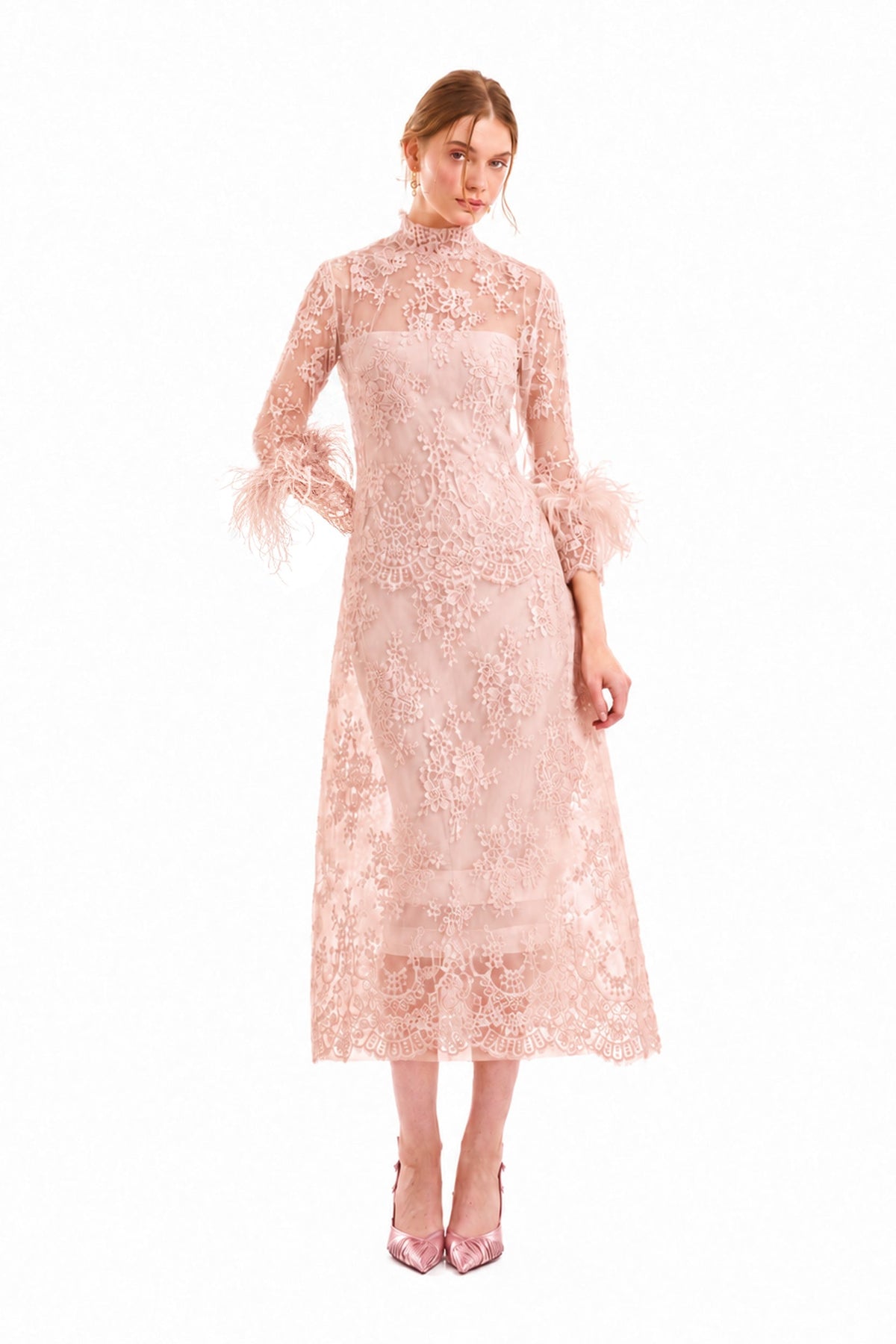 Lace Feather-Trim Top and Cage Skirt Set - Pink