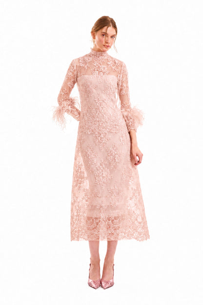 Lace Feather-Trim Top and Cage Skirt Set - Pink