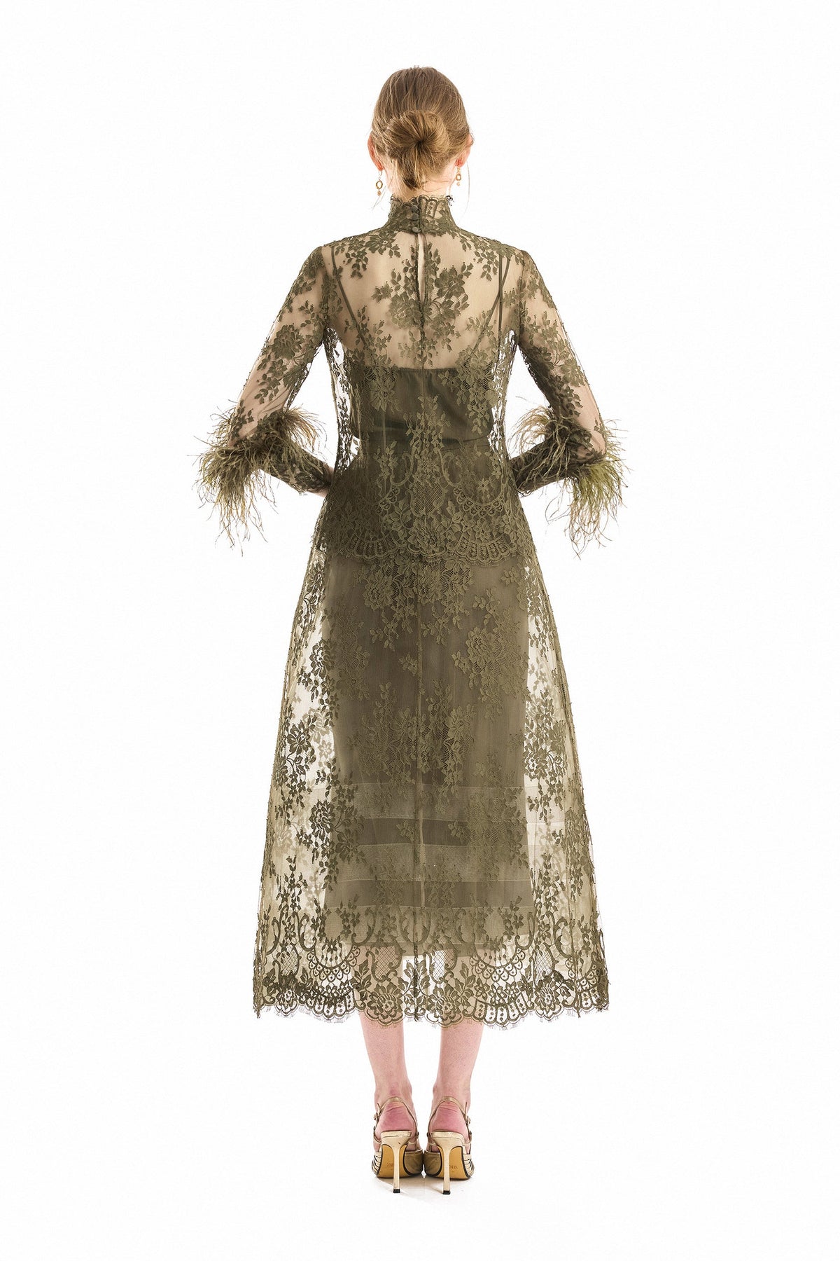 Lace Feather-Trim Top and Cage Skirt Set - Green
