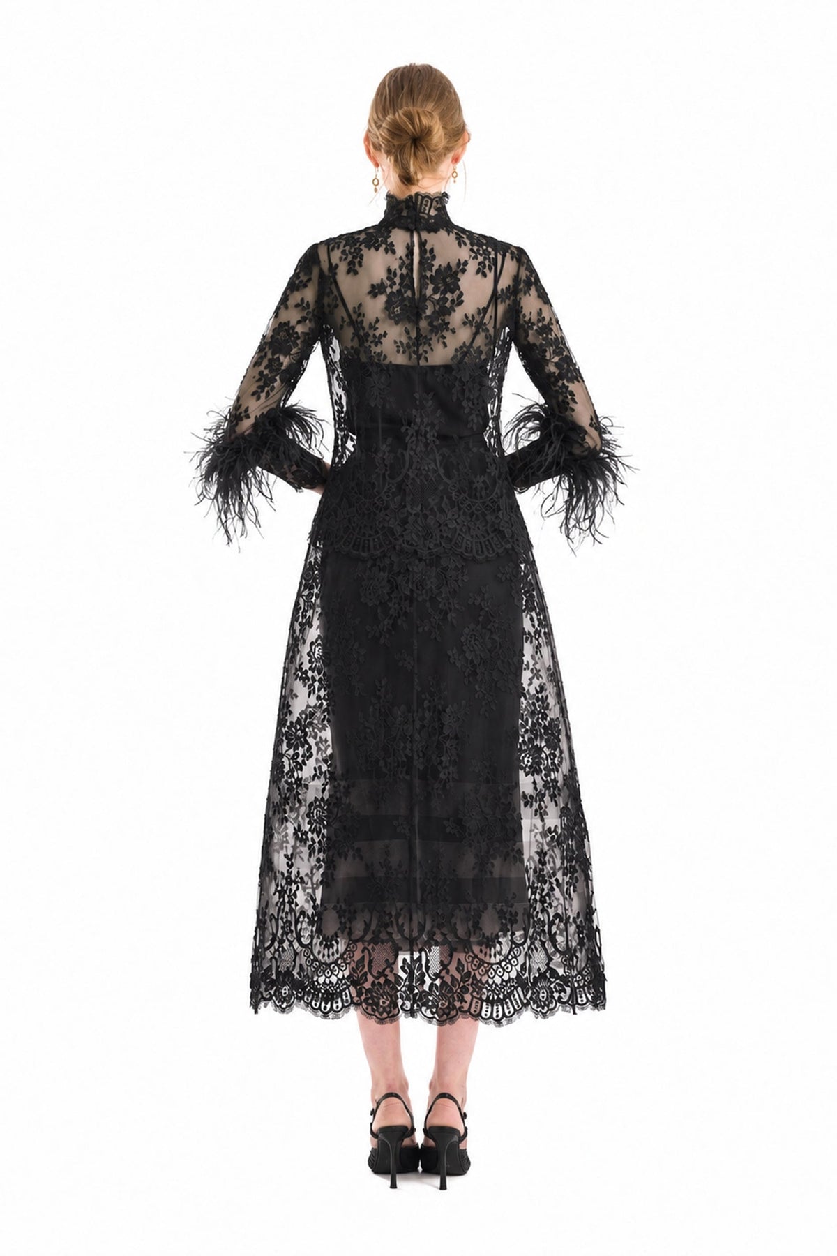 Lace Feather-Trim Top and Cage Skirt Set - Black