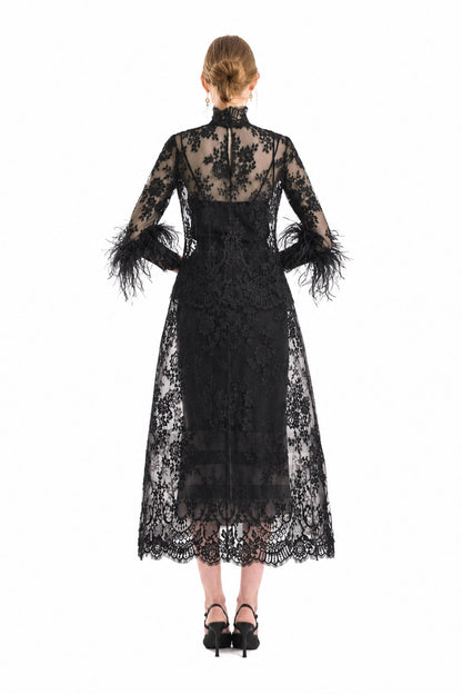 Lace Feather-Trim Top and Cage Skirt Set - Black