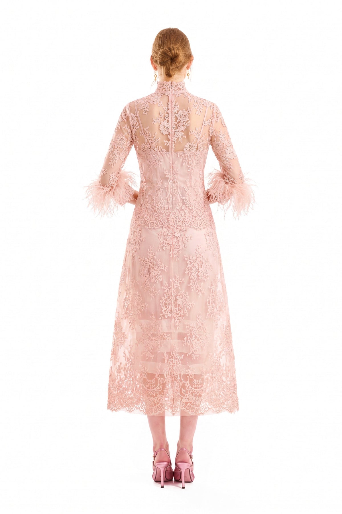 Lace Feather-Trim Top and Cage Skirt Set - Pink