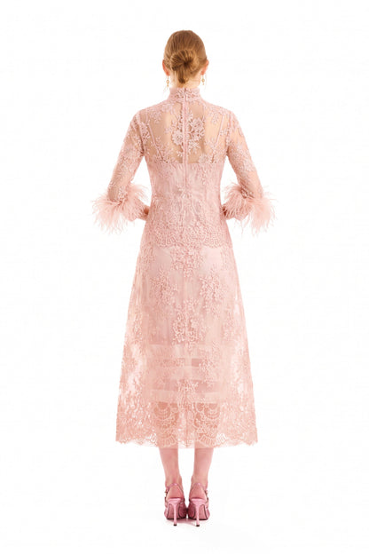 Lace Feather-Trim Top and Cage Skirt Set - Pink