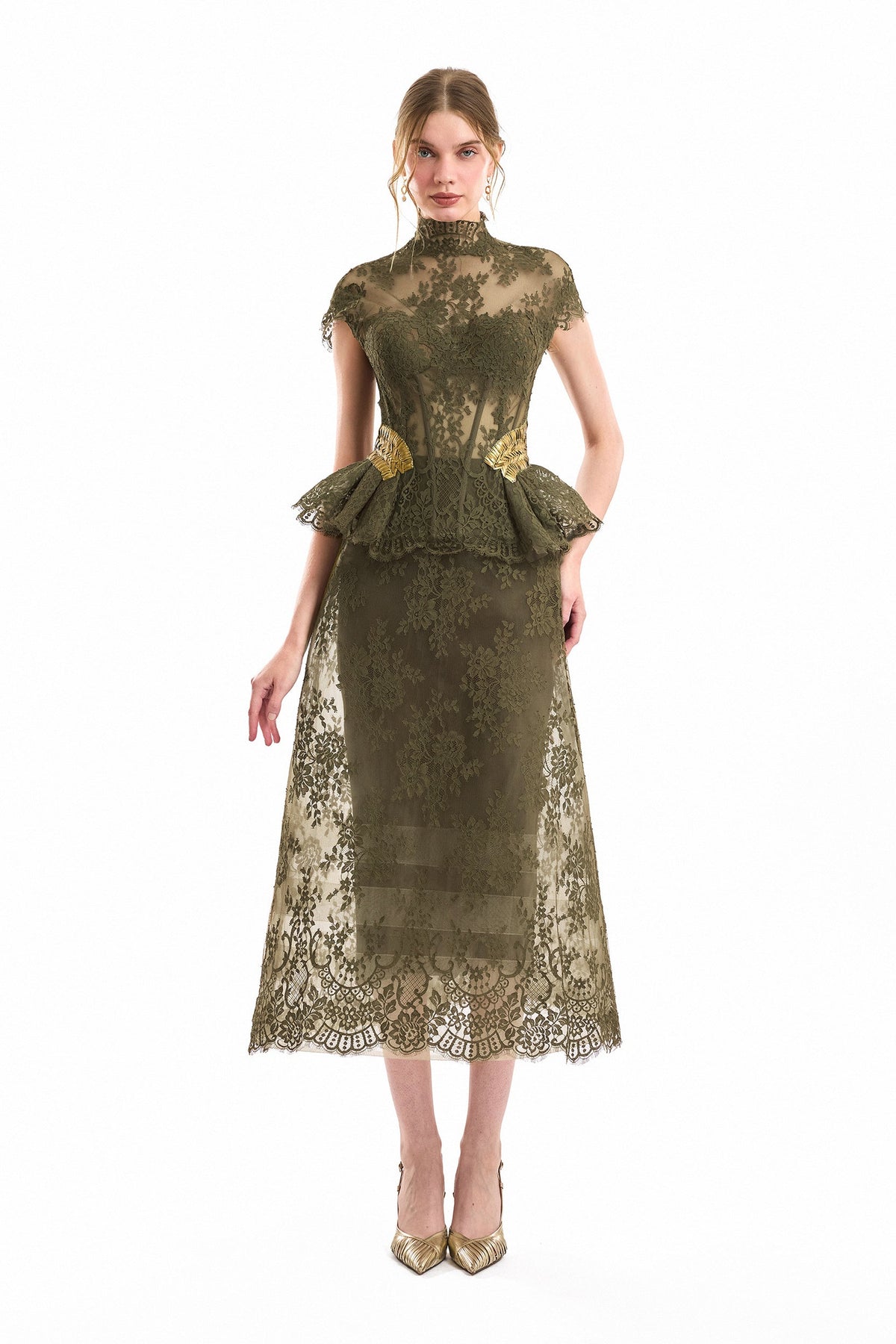 Sculpted Peplum Corset and Cage Skirt Set - Green