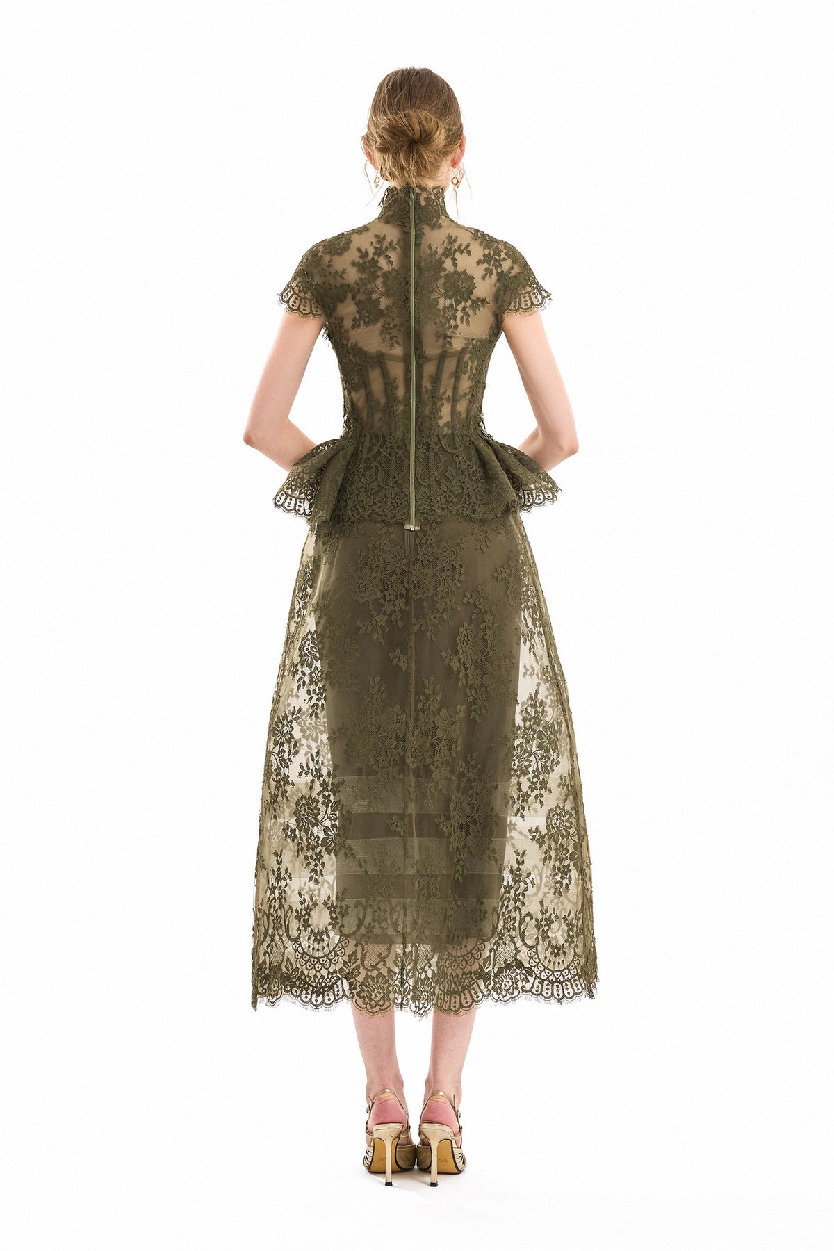 Sculpted Peplum Corset and Cage Skirt Set - Green