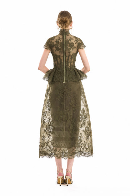 Sculpted Peplum Corset and Cage Skirt Set - Green