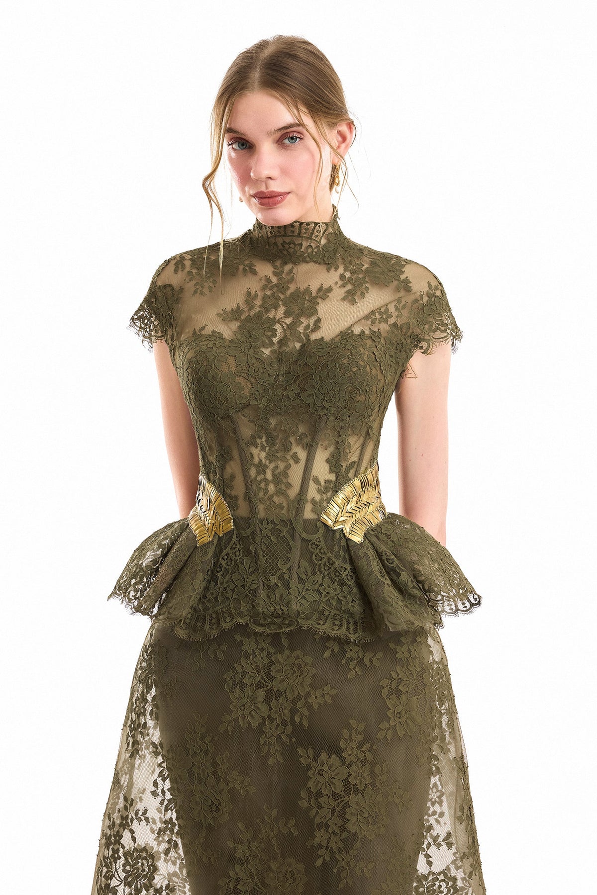 Sculpted Peplum Corset and Cage Skirt Set - Green