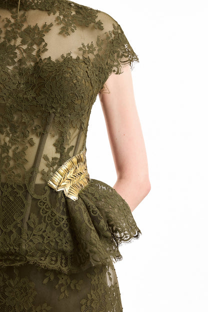Sculpted Peplum Corset and Cage Skirt Set - Green