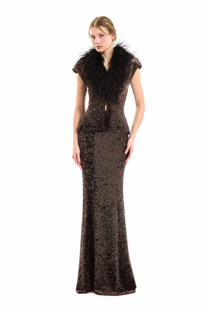 Feathered V-Neck Top and Sequined Skirt Set - Brown