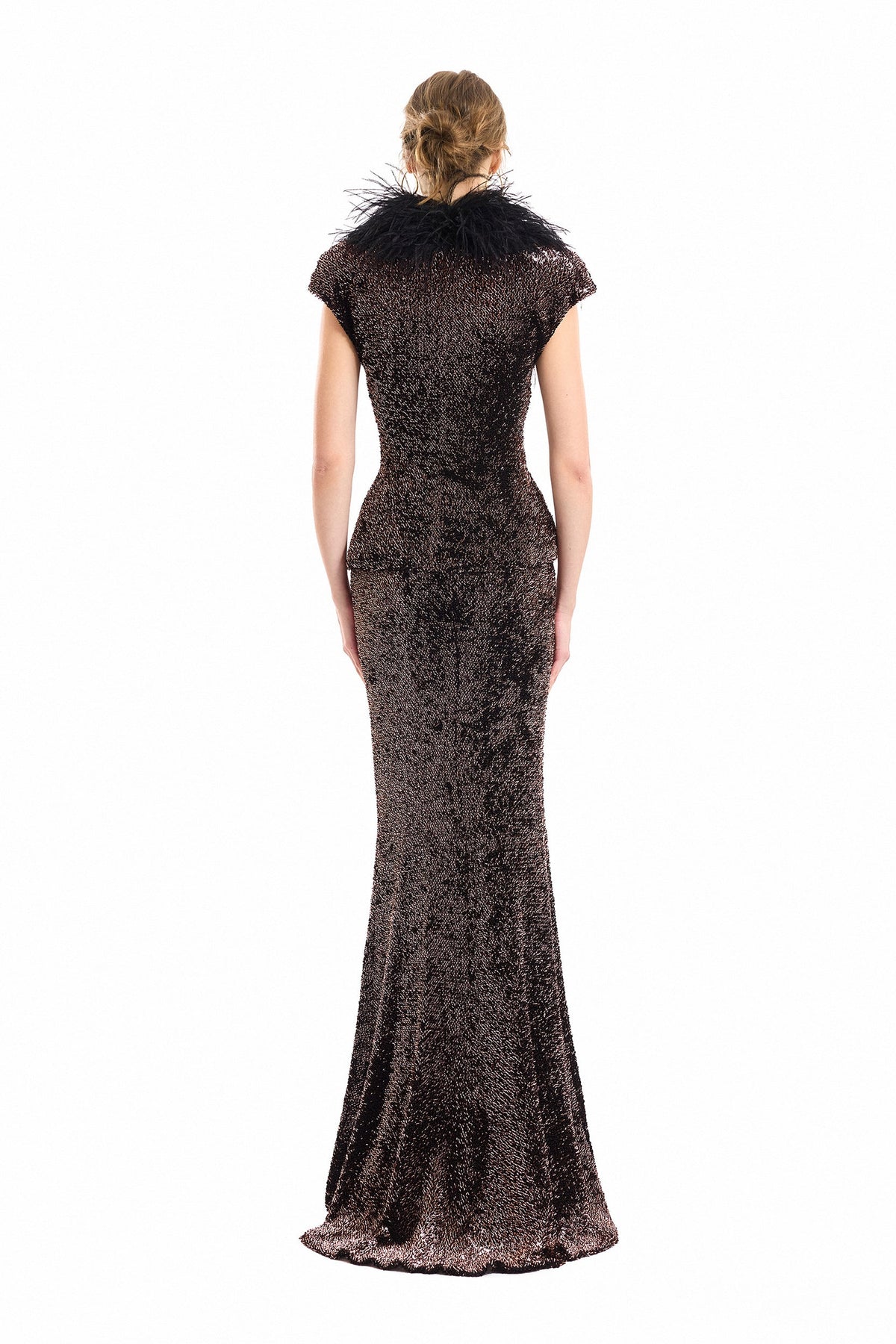 Feathered V-Neck Top and Sequined Skirt Set - Brown