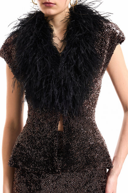 Feathered V-Neck Top and Sequined Skirt Set - Brown