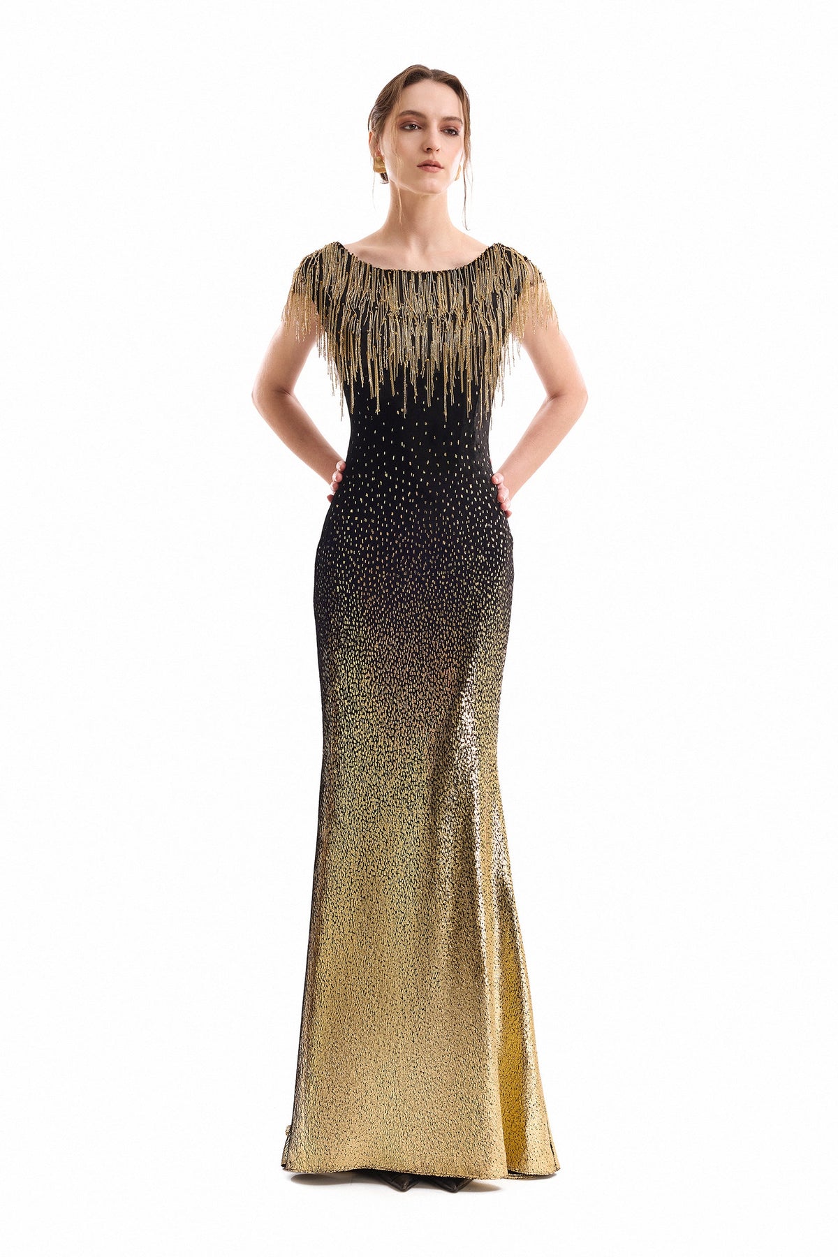 Off-Shoulder Beaded Fringe Dress - Gold