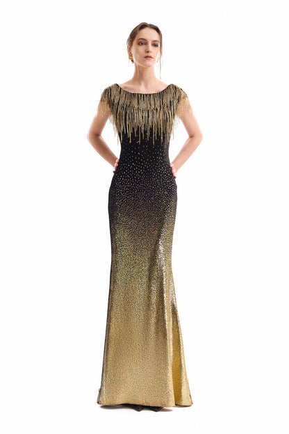 Off-Shoulder Beaded Fringe Dress - Gold
