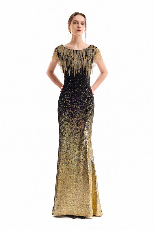 Off-Shoulder Beaded Fringe Dress - Gold