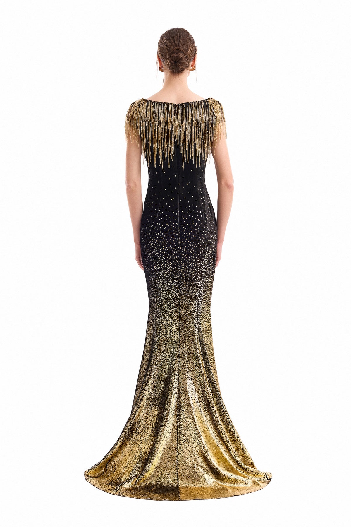 Off-Shoulder Beaded Fringe Dress - Gold