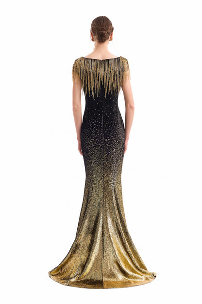 Off-Shoulder Beaded Fringe Dress - Gold