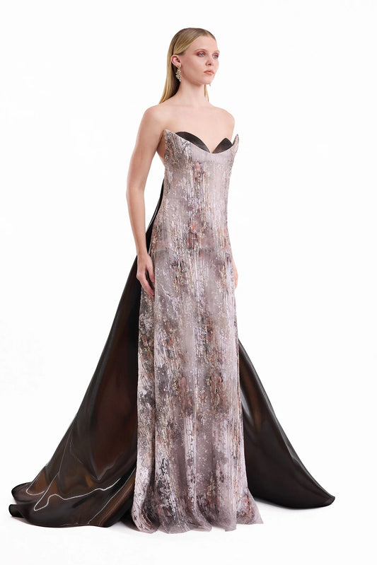 Strapless Sculpted Neck Printed Dress