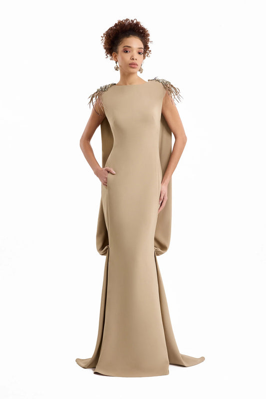 Feather Beaded Crepe Dress