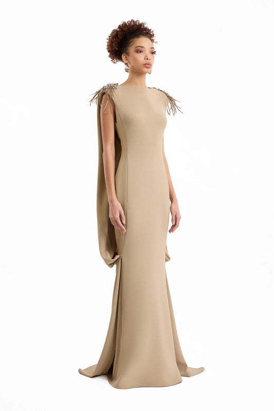 Feather Beaded Crepe Dress