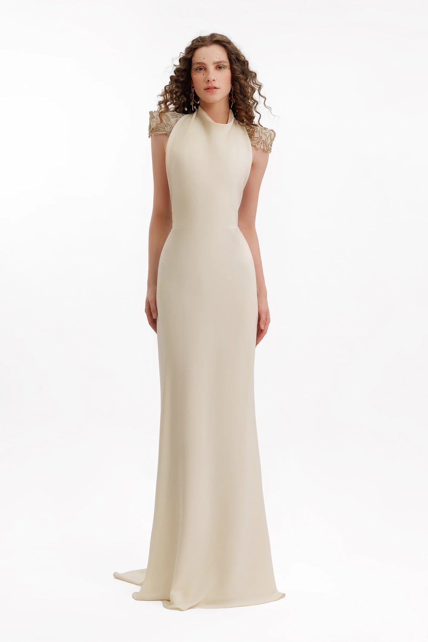 Beaded Shoulder High-Neck Dress