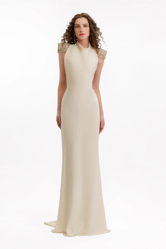 Beaded Shoulder High-Neck Dress