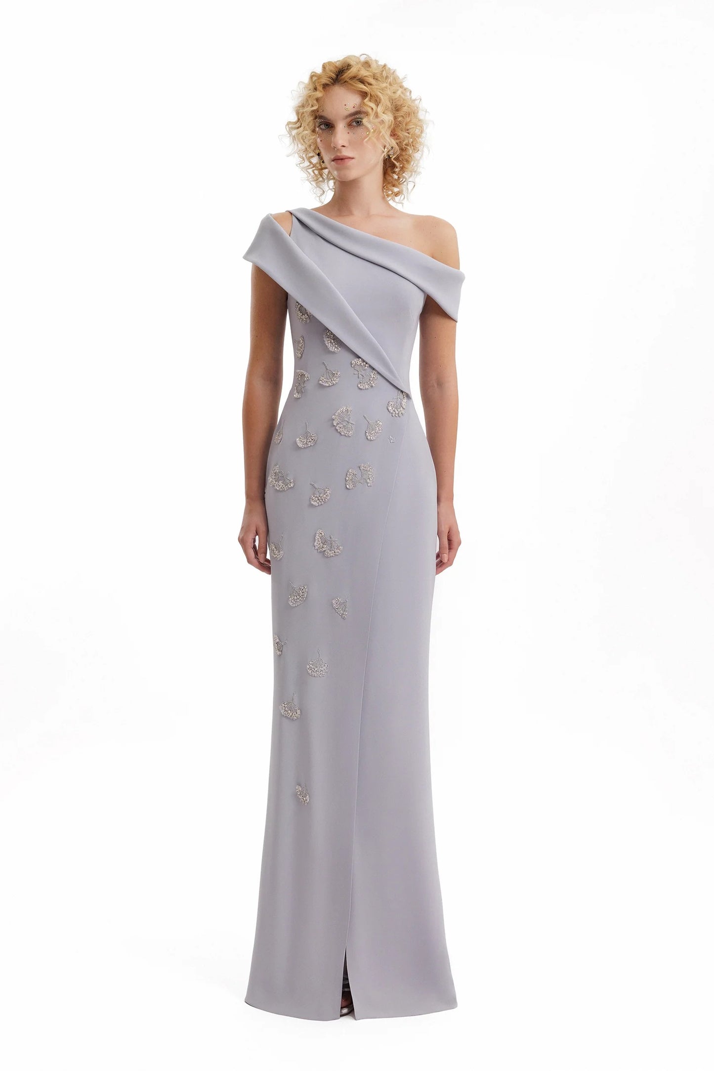 Folded Neck Asymmetrical Beaded Gown