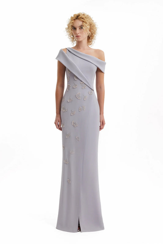 Folded Neck Asymmetrical Beaded Gown