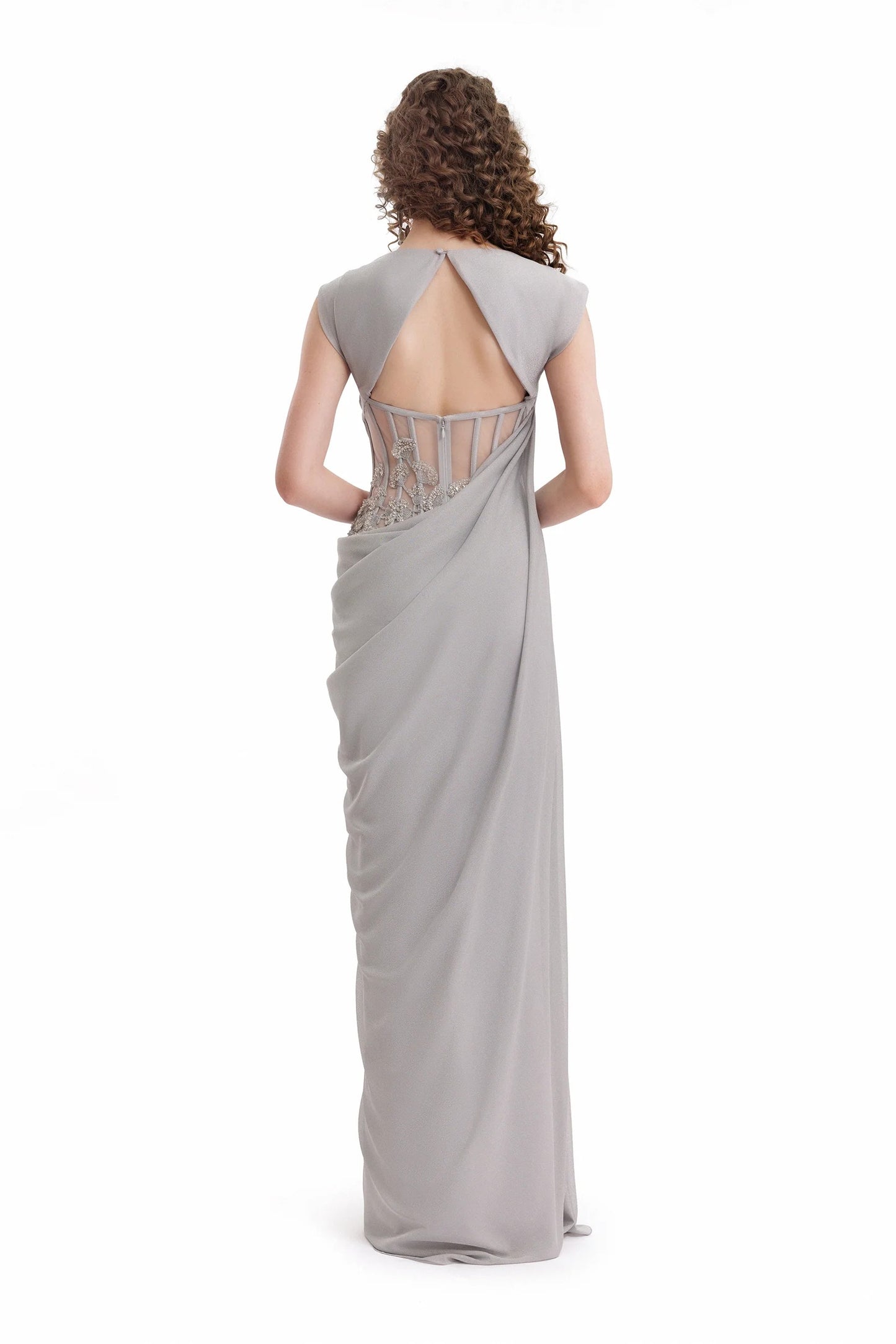 Draped High-Neck Beaded Dress