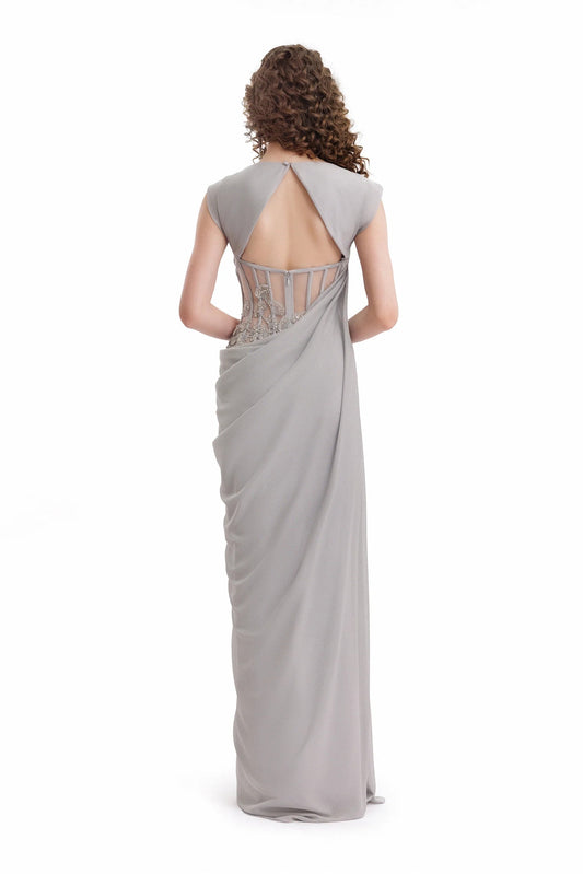 Draped High-Neck Beaded Dress