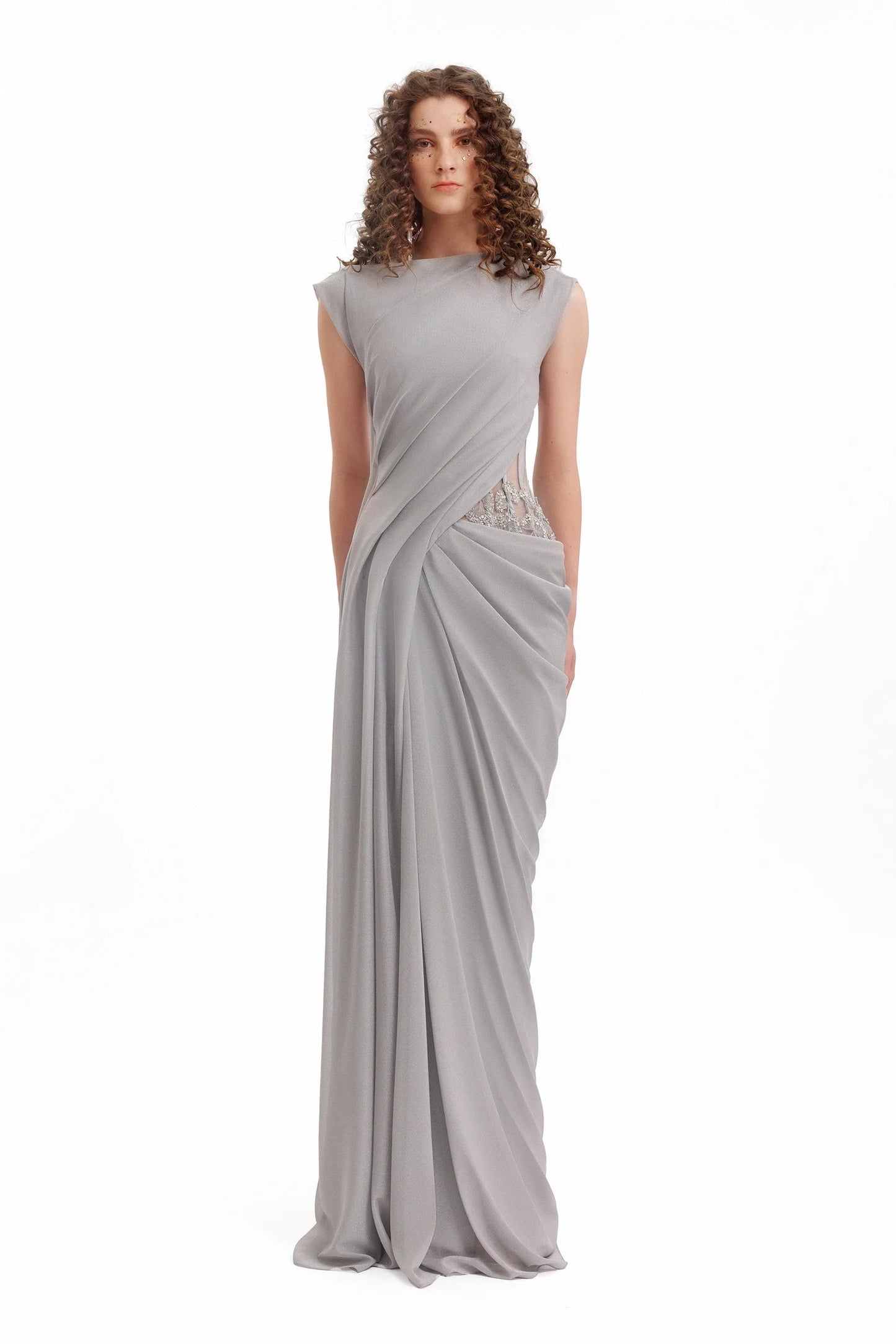 Draped High-Neck Beaded Dress