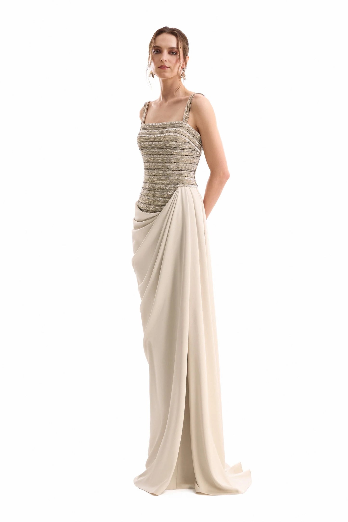 Squared-Neck Beaded Dress