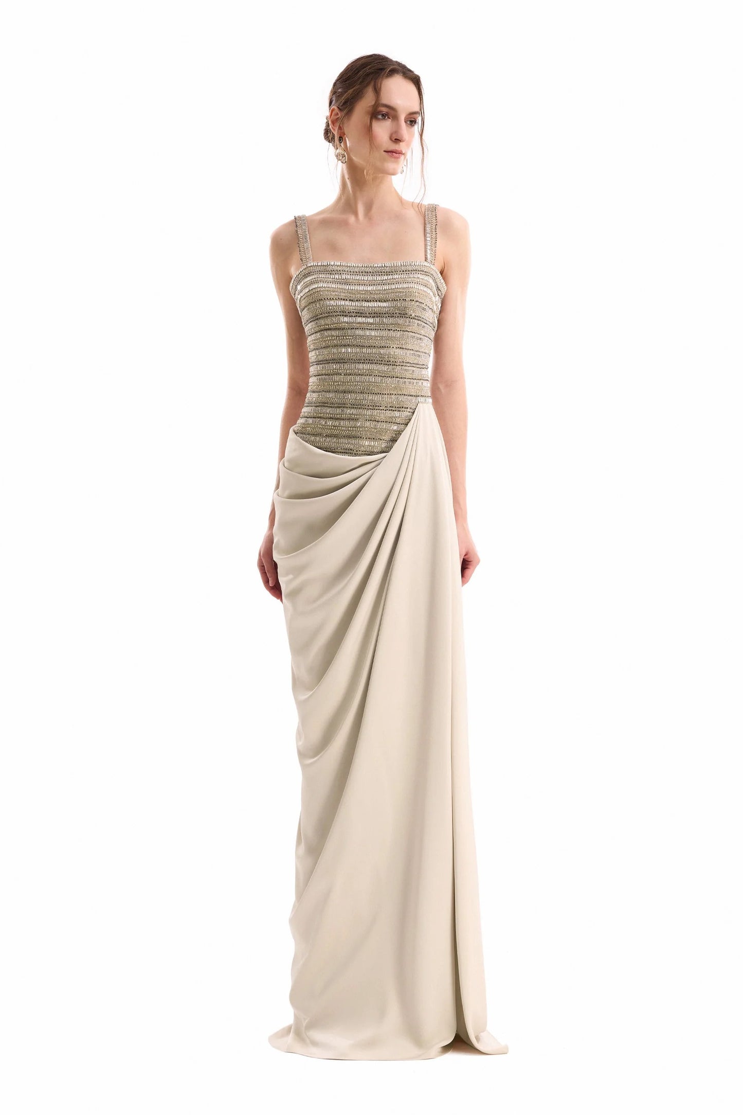 Squared-Neck Beaded Dress