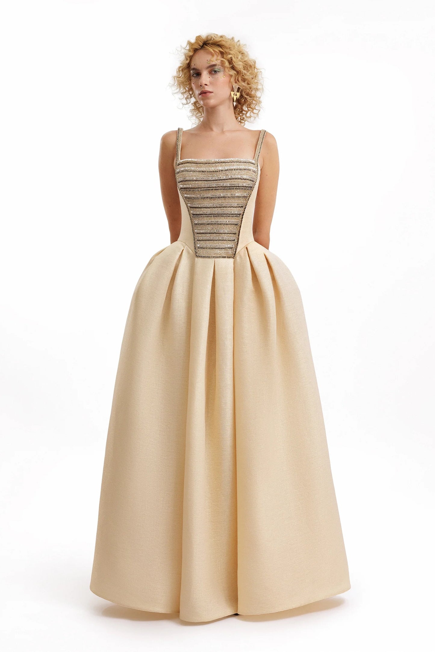 Squared-Neck Beaded Jacquard Dress