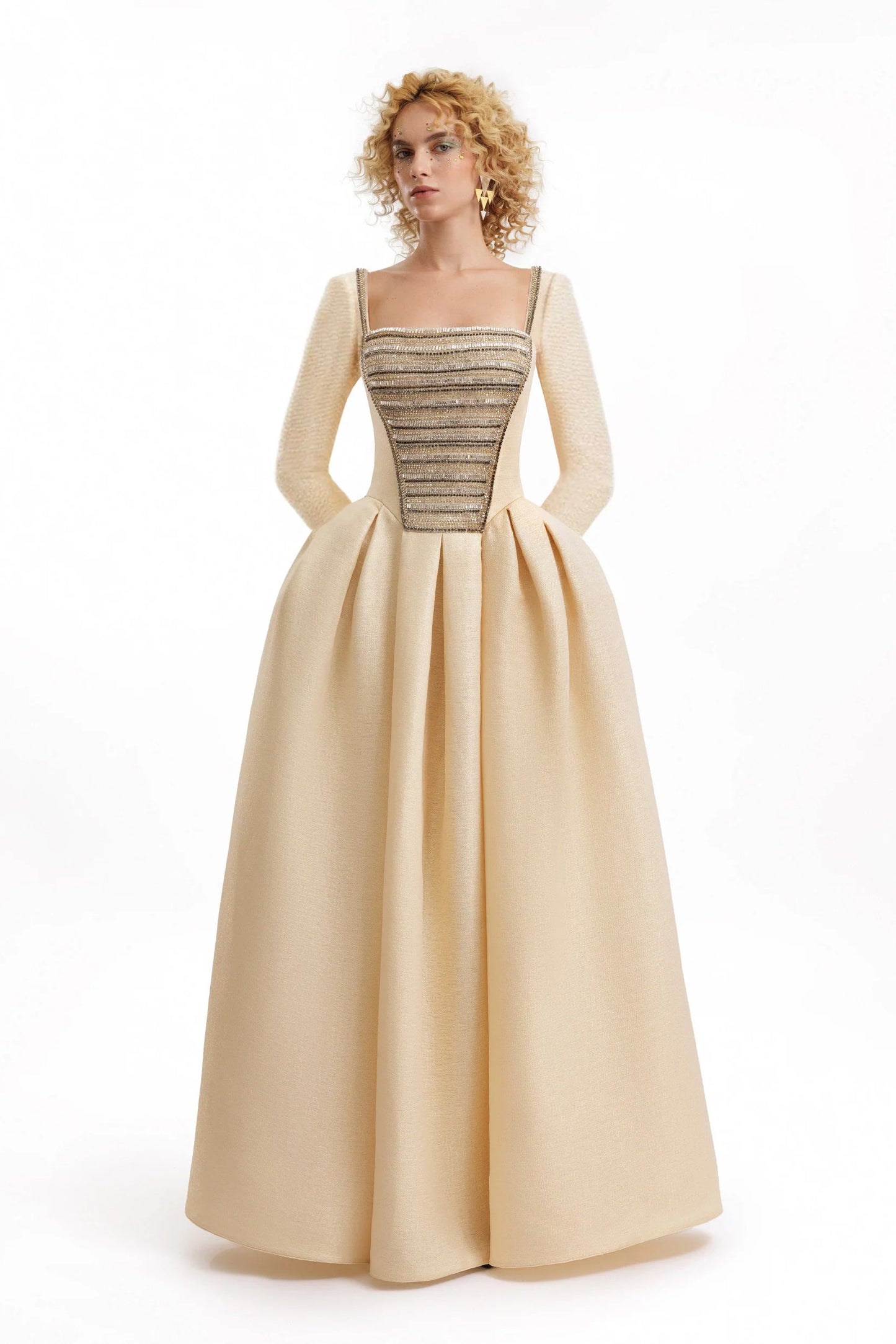 Squared-Neck Beaded Jacquard Dress