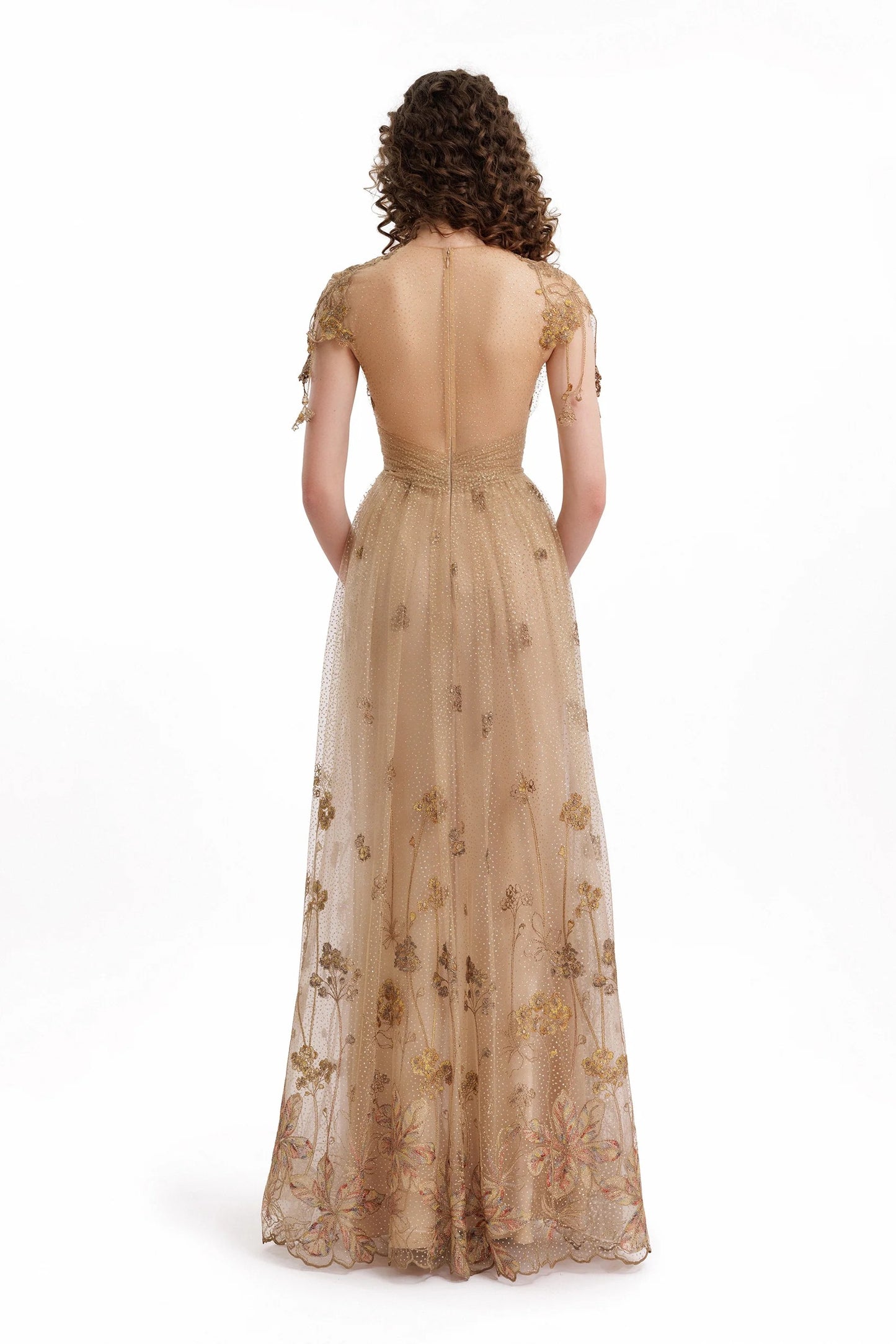 V-Neck Embroidered Tulle Gown