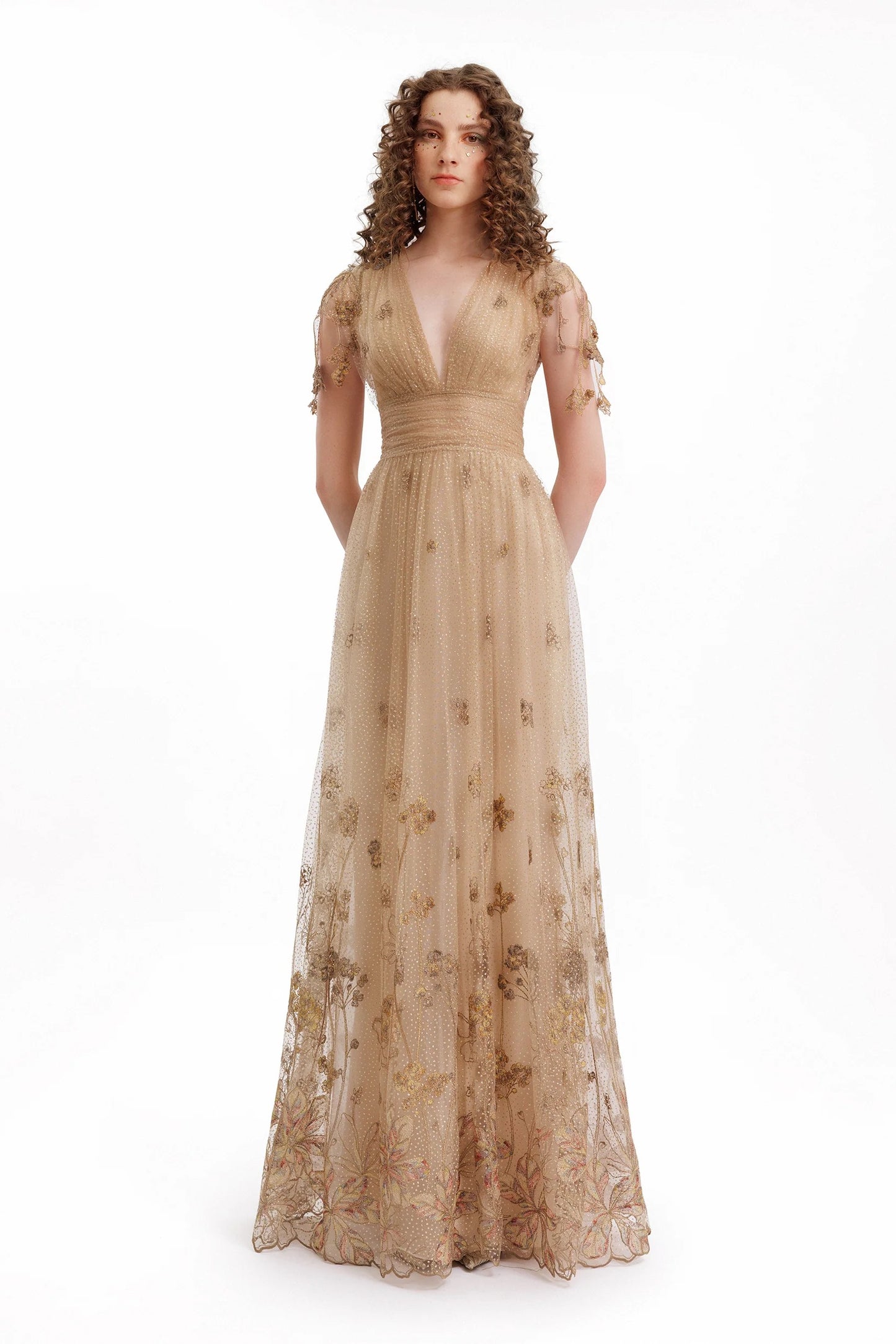 V-Neck Embroidered Tulle Gown