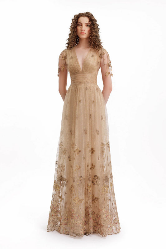 V-Neck Embroidered Tulle Gown