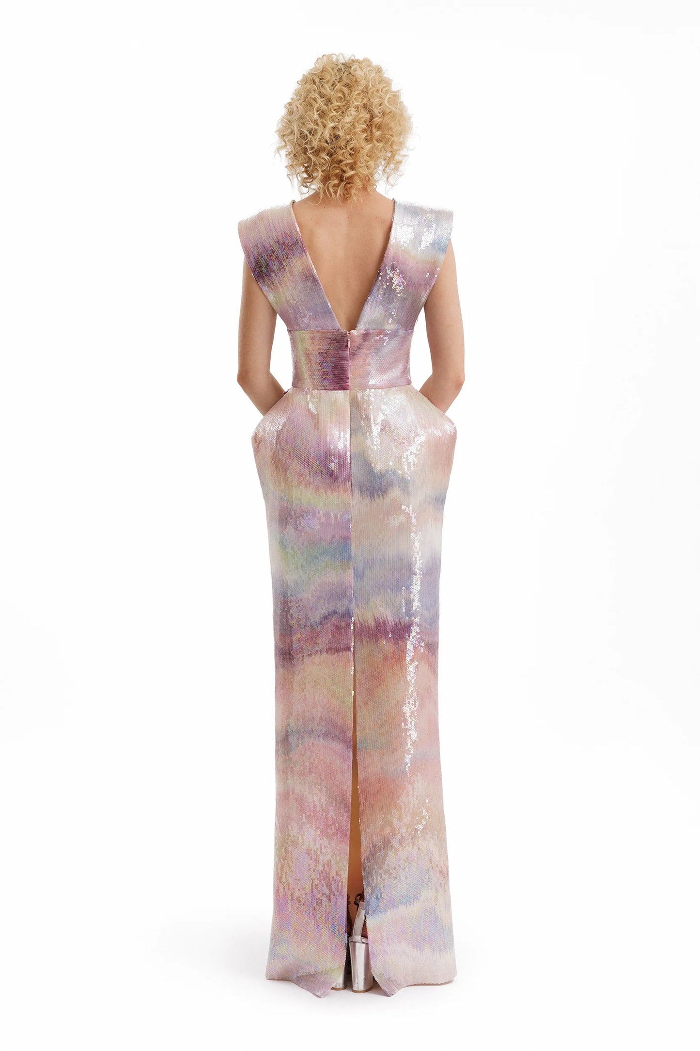 V-Neck Sequin Gown with Beaded Waist