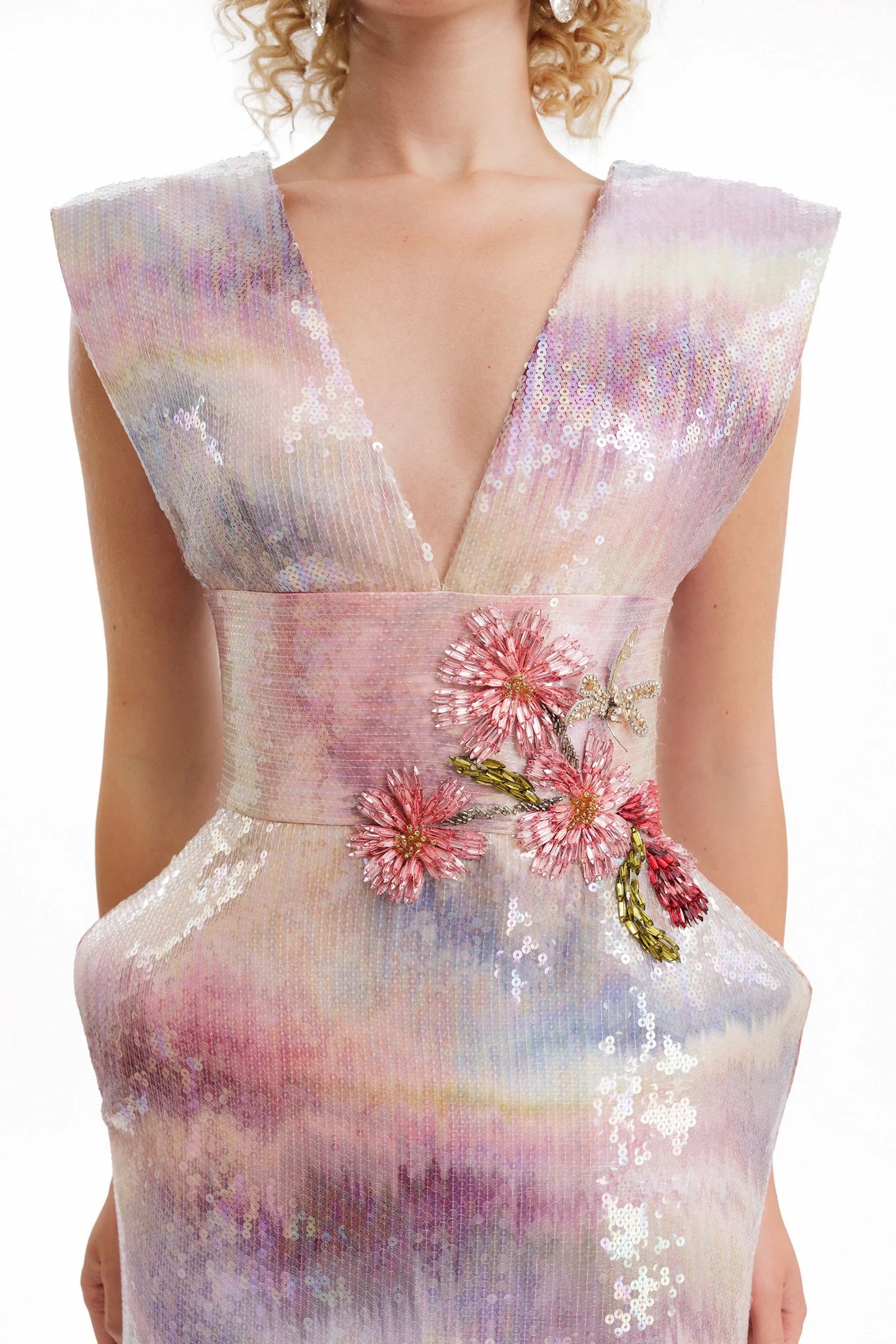 V-Neck Sequin Gown with Beaded Waist